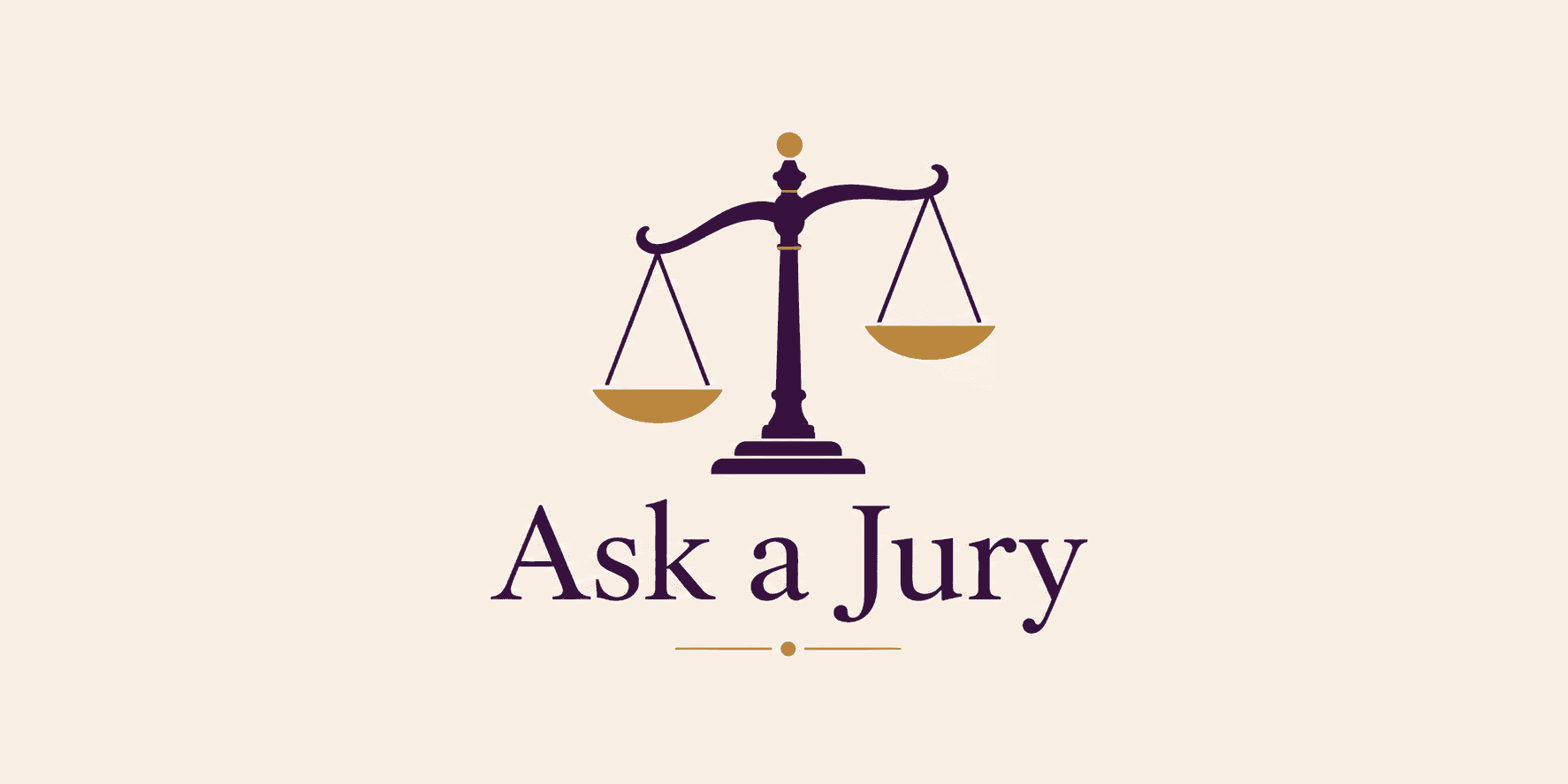 Ask a Jury logo featuring purple and gold balance scales.