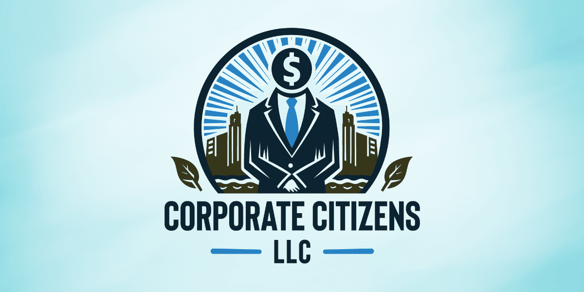 The logo of Corporate Citizens LLC, featuring a figure in a suit with a dollar sign for a head, standing against a backdrop of city buildings and foliage. The company offers expert business formation, tax services, and financial guidance, empowering entrepreneurs to build and scale successful, sustainable businesses.