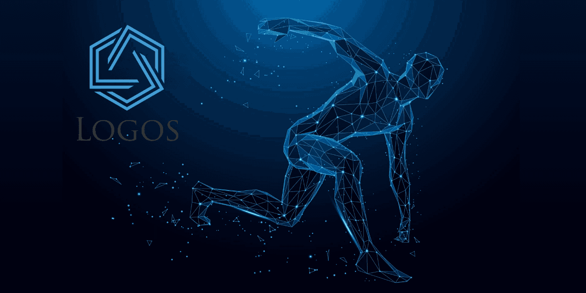 A futuristic digital representation of a runner in a polygonal wireframe style, symbolizing motion and innovation, with a logo positioned above the athlete.
