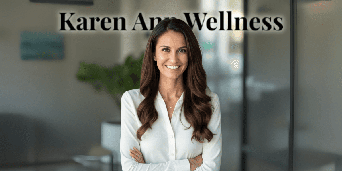 "Professional portrait of a woman with long brunette hair, wearing a white blouse and smiling with arms crossed in a bright office setting, with 'Karen Ann Wellness' text overlay."