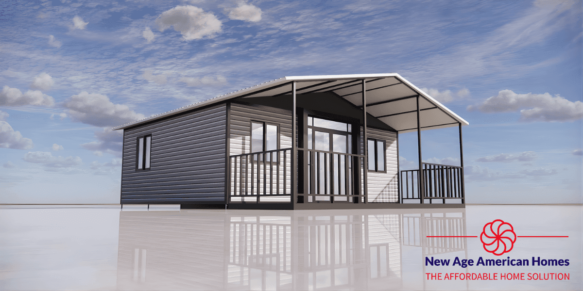"New Age American Homes' affordable, efficient tiny home model, offering quick delivery and quality construction for modern living."
