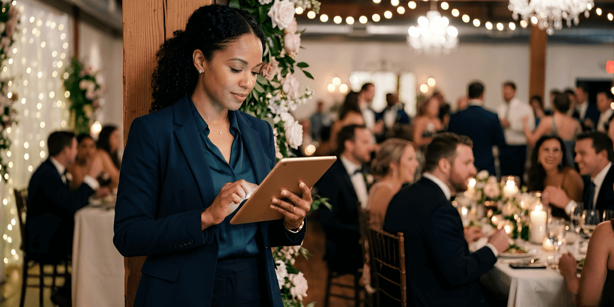 Wedding planner using tablet during reception while coordinating guests and event details in elegant venue.