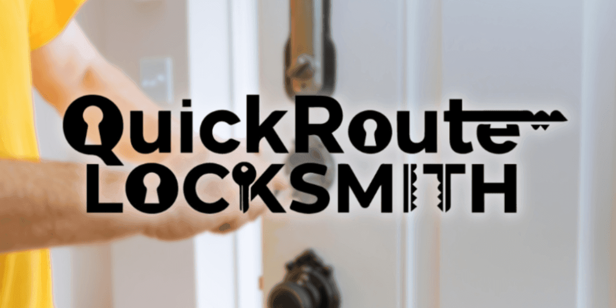 a locksmith working on a door lock, with the QuickRoute Locksmith logo prominently displayed, emphasizing fast and reliable service.