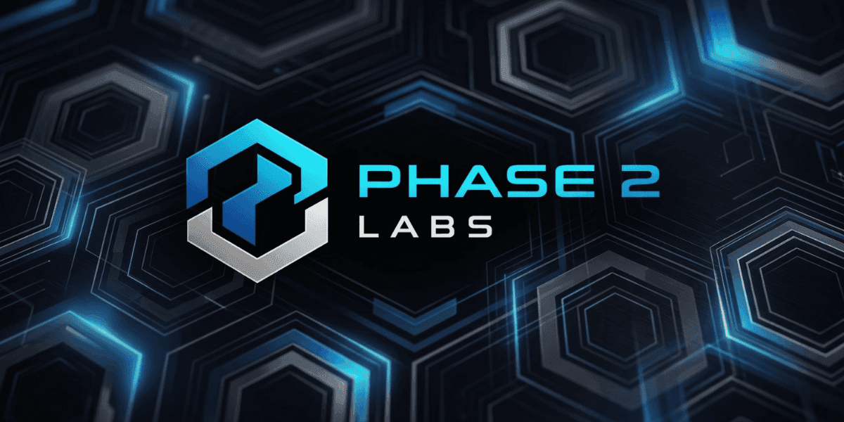 Phase 2 Labs Marketing logo on a blue hexagonal technology background representing people-first digital marketing services.