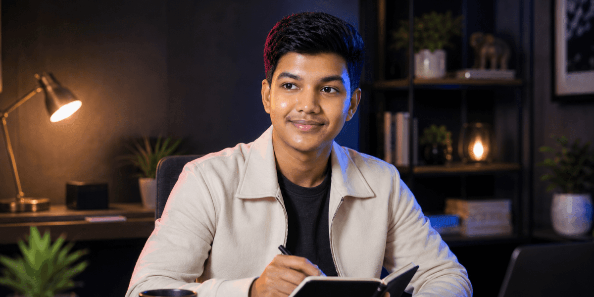 Jiten Sutar working at desk, writing in notebook in a modern office setting.