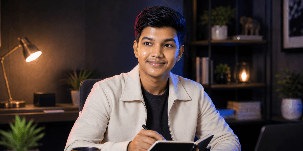 Jiten Sutar working at desk, writing in notebook in a modern office setting.