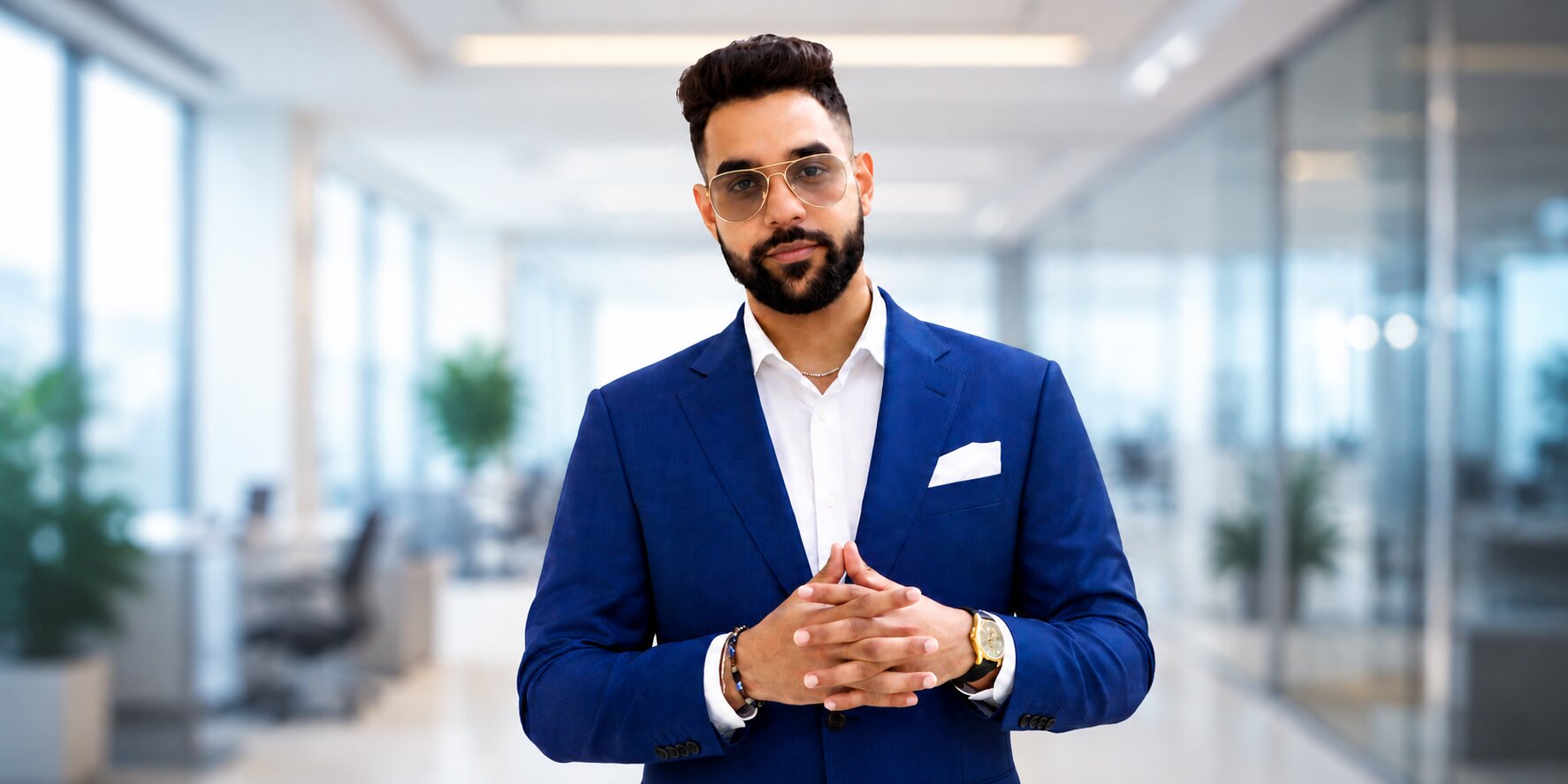 Man in blue suit standing in a modern office, representing international relocation and professional support.