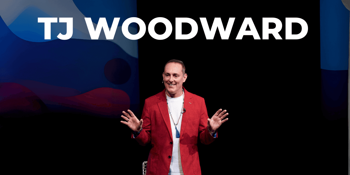 "TJ Woodward delivering a speech, dressed in a red jacket, standing confidently with arms outstretched. The background features abstract colors, and the text 'TJ WOODWARD' is displayed prominently above."