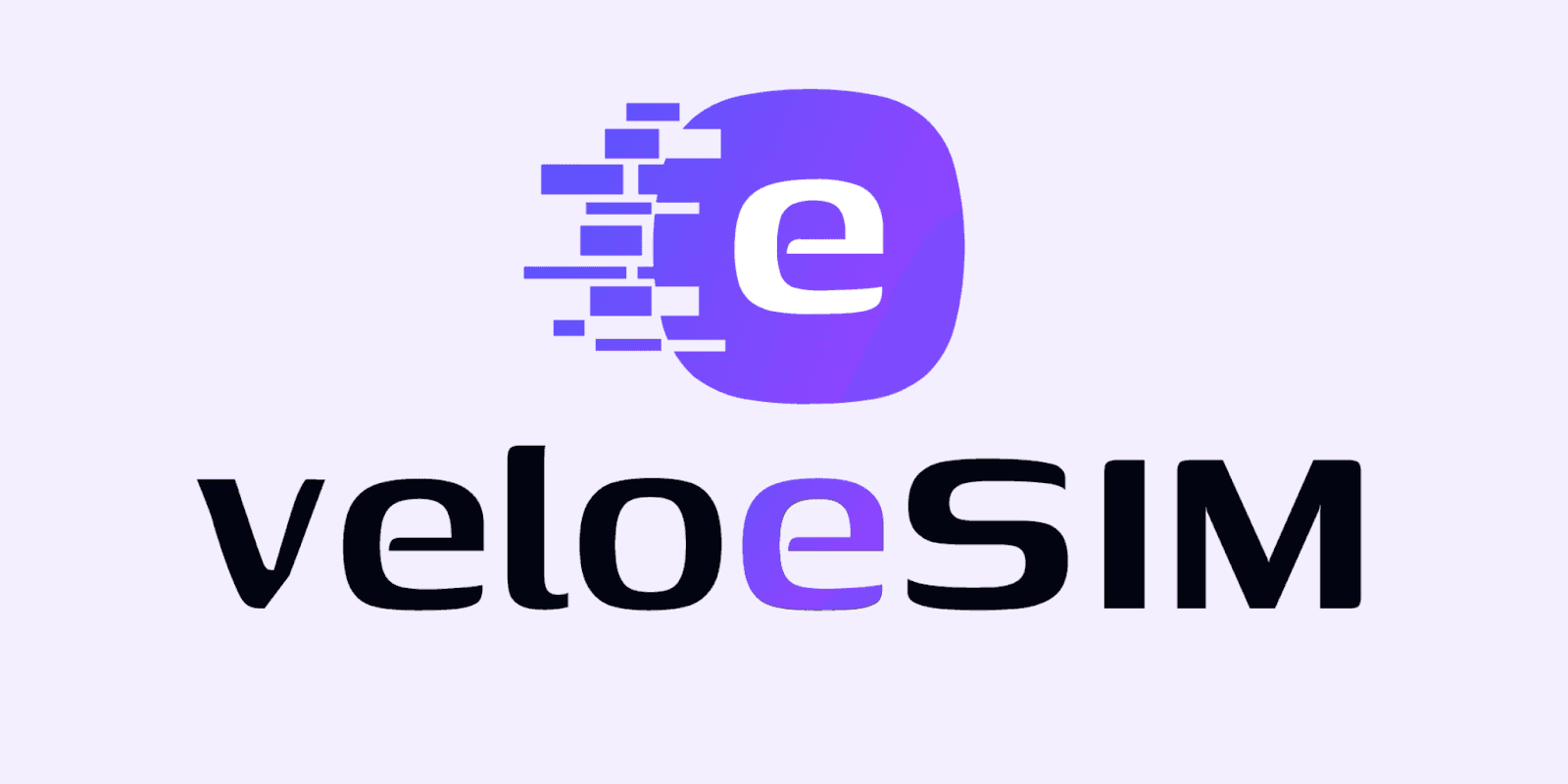 VeloeSIM logo with stylized purple “e” and modern text on light background.