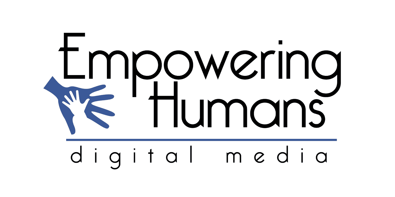 Empowering Humans Digital Media logo with overlapping blue hands symbolizing support and growth for small business owners.