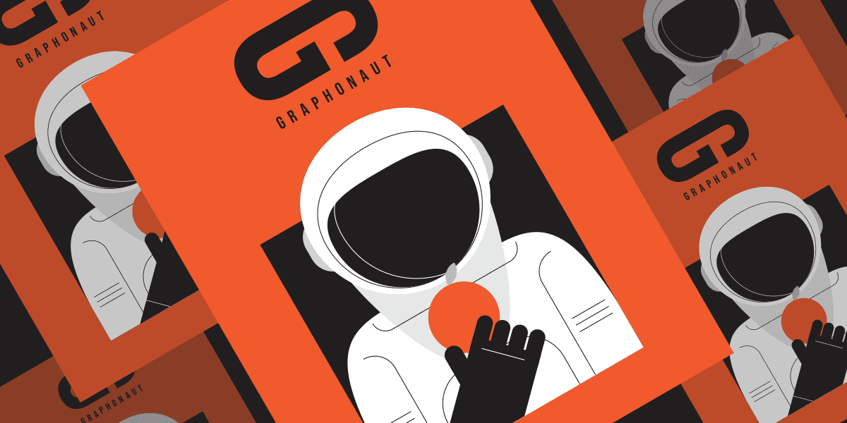A sleek infographic poster featuring an astronaut holding an orange circle on a vibrant orange background, symbolizing the "Graphonaut" platform.