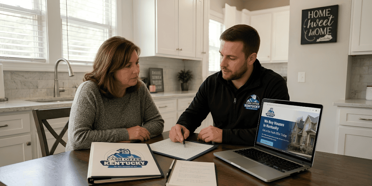 Homeowner reviews paperwork with Cash Offer KY representative at kitchen table beside laptop displaying home buying website.