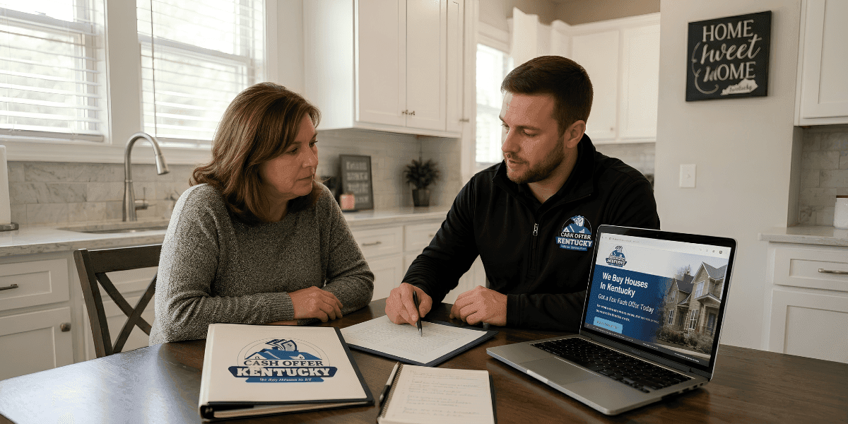 Homeowner reviews paperwork with Cash Offer KY representative at kitchen table beside laptop displaying home buying website.