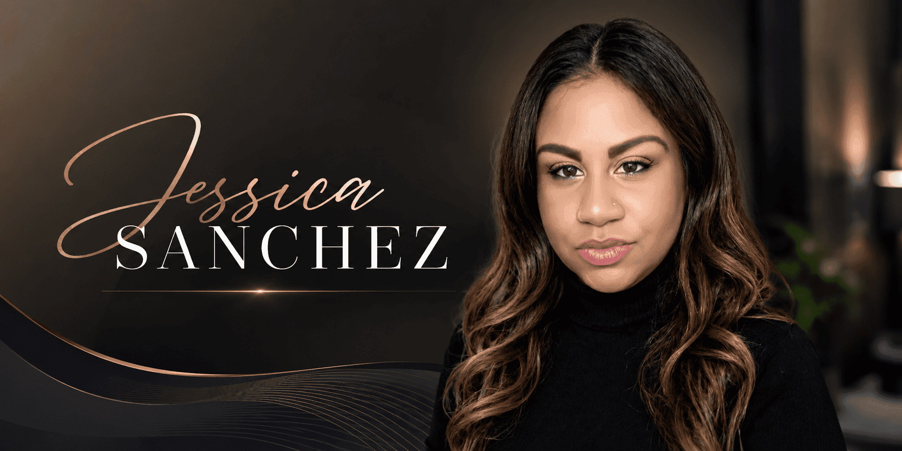 Professional headshot graphic with “Jessica Sanchez” branding and elegant gold-accented dark background.