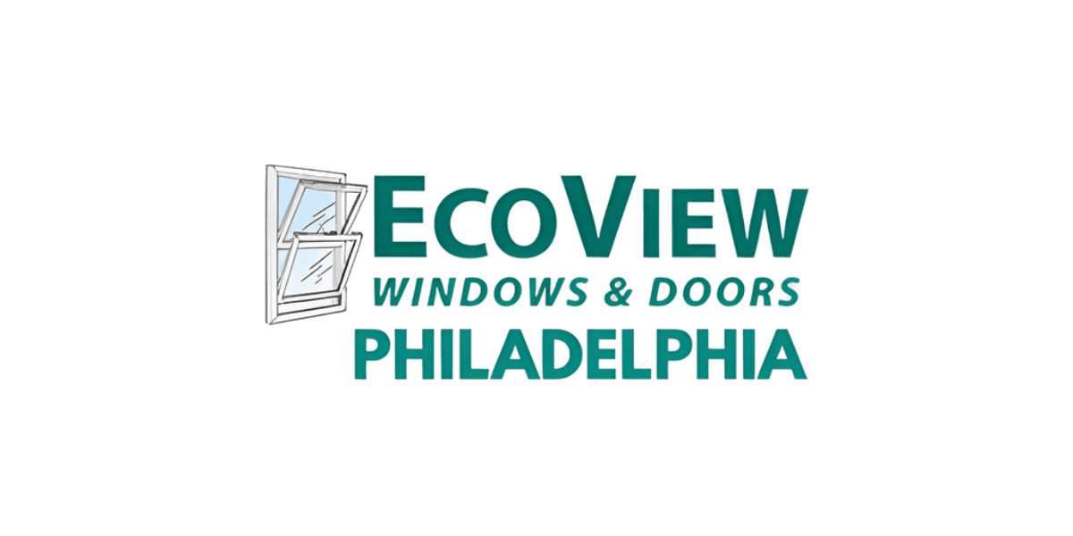 EcoView Windows & Doors logo for Philadelphia, featuring window illustration and company name in teal and green text.