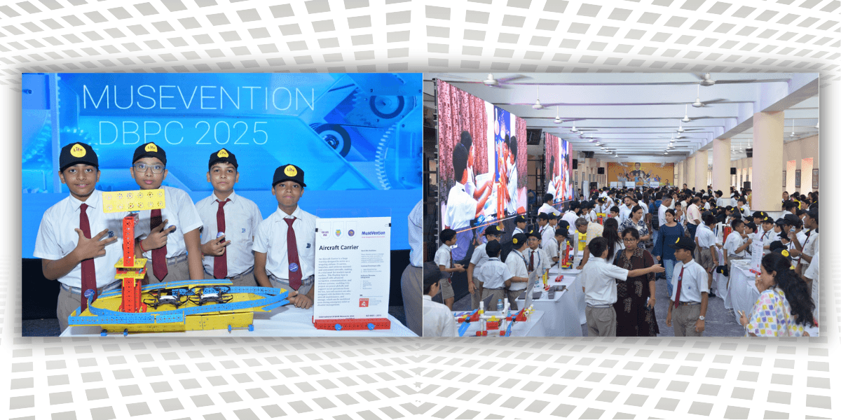 Students showcasing their "Aircraft Carrier" project at MUSEVENTION DBPC 2025, with a large exhibition hall filled with participants, interactive displays, and large screens showing presentations.