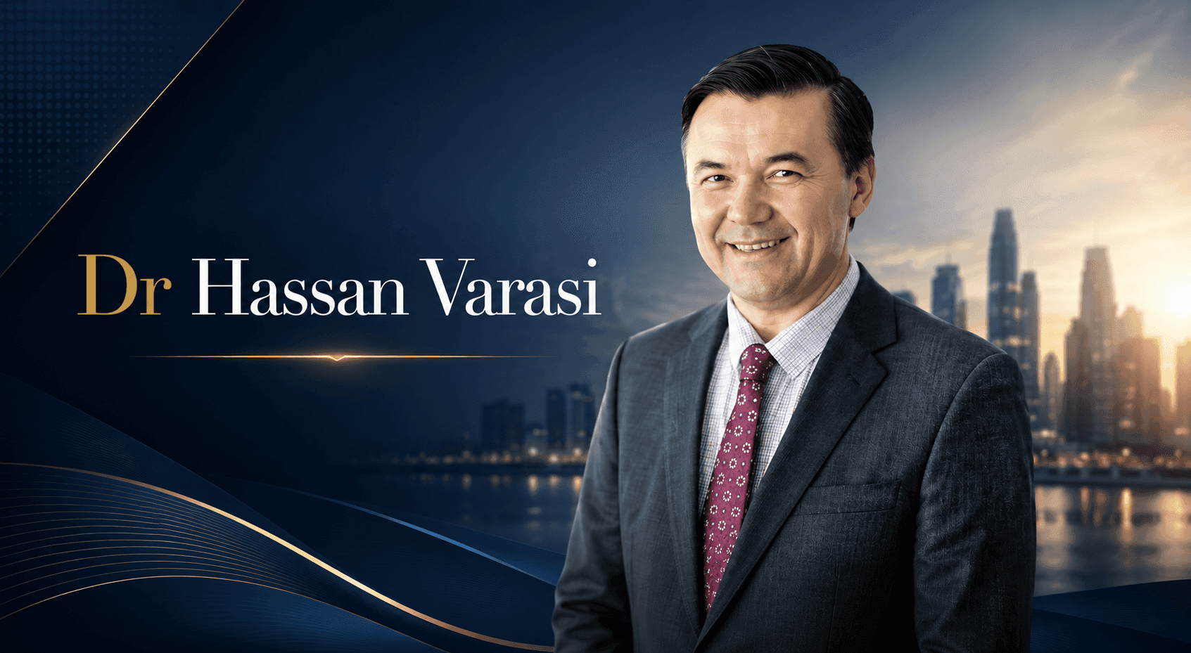 Portrait of Dr. Hassan Varasi in suit with city skyline background and elegant business branding design.