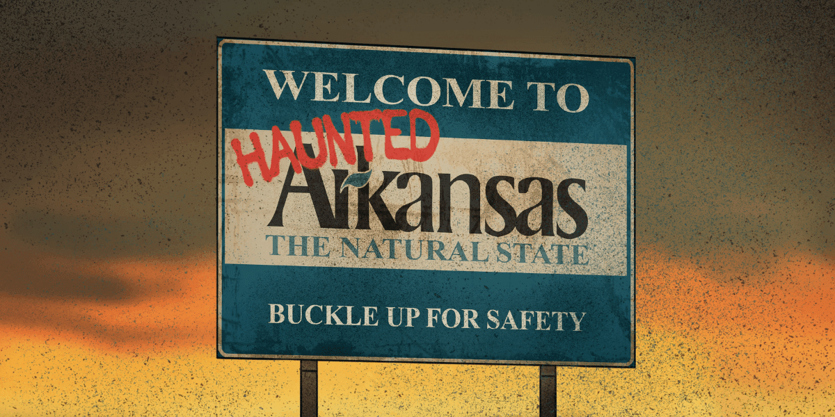 “Welcome to Haunted Arkansas” road sign graphic promoting Season 2’s exploration of paranormal locations statewide.