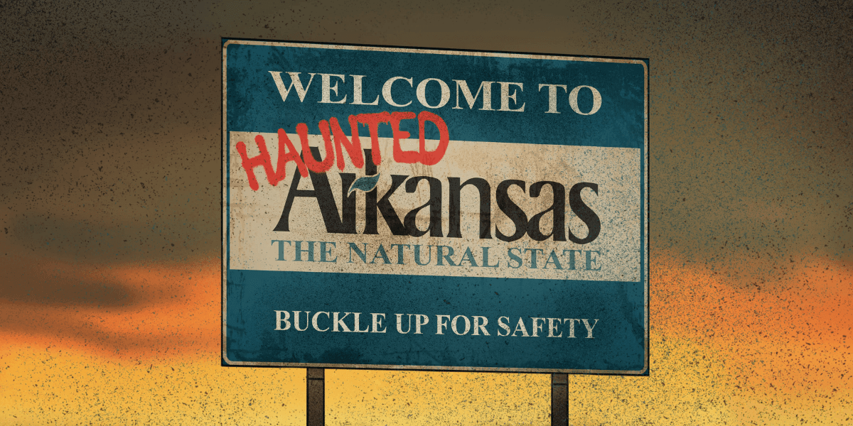 “Welcome to Haunted Arkansas” road sign graphic promoting Season 2’s exploration of paranormal locations statewide.
