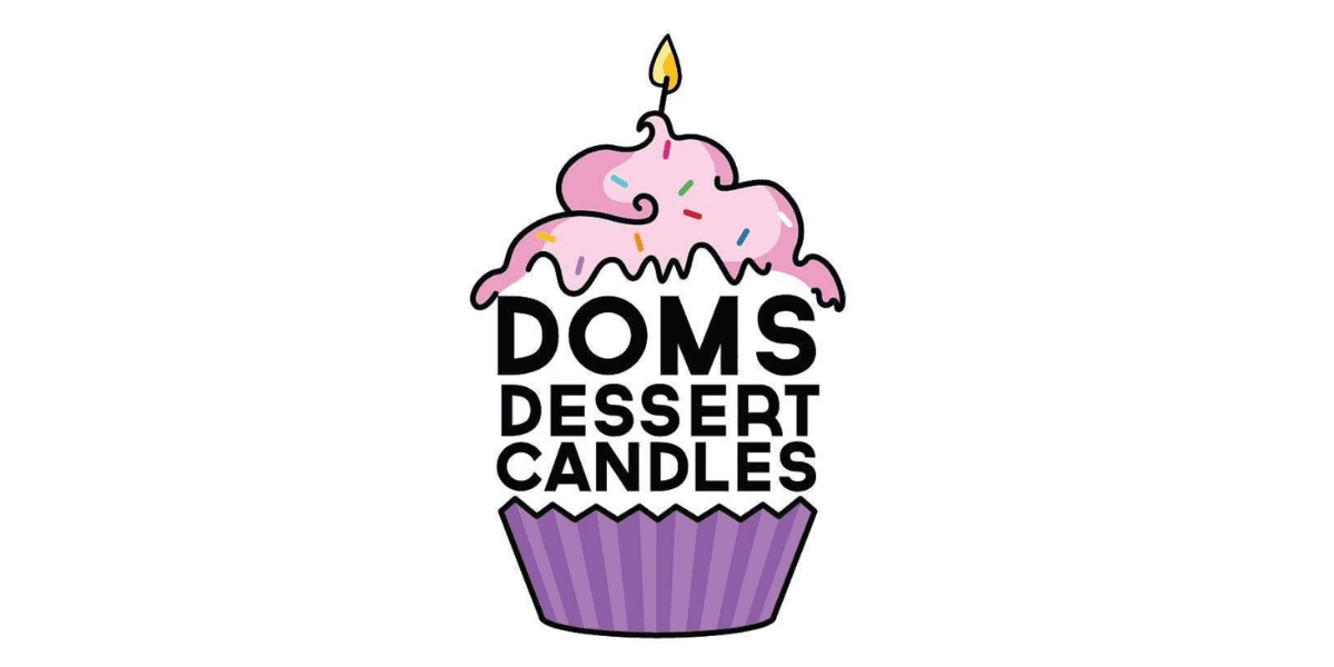 Logo of Doms Dessert Candles shaped like a cupcake with pink frosting and candle flame.