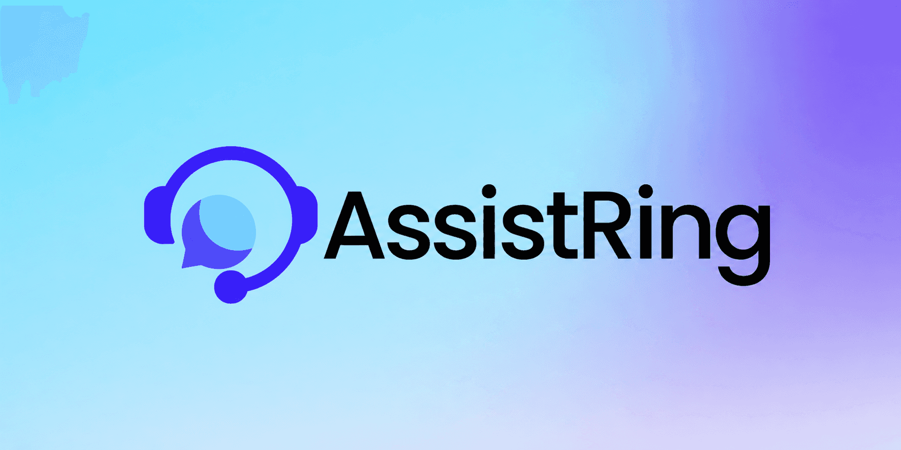 AssistRing logo with headset and speech bubble icon on a blue and purple gradient background.