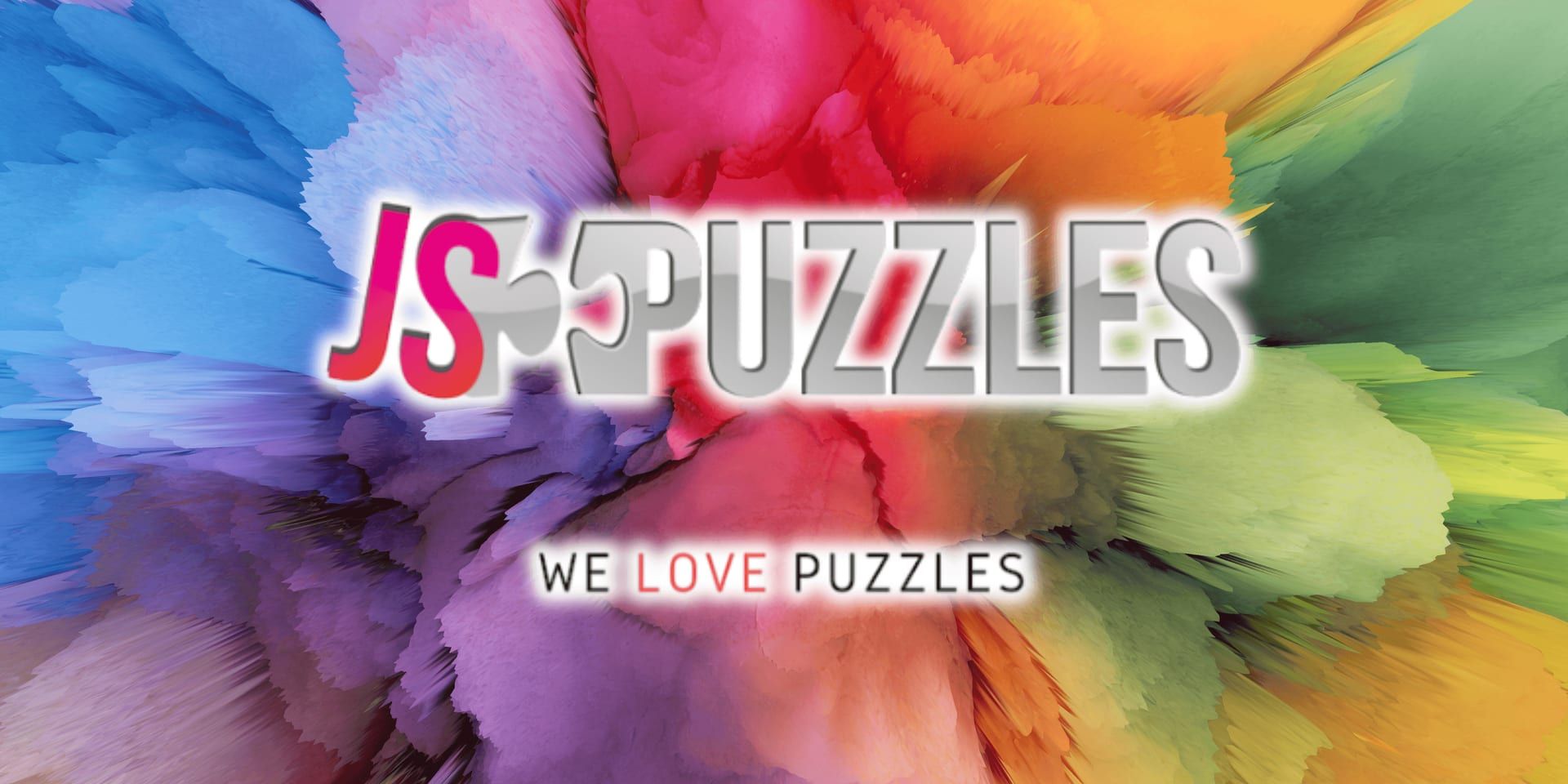 JSPuzzles logo on a colorful abstract background with the slogan “We Love Puzzles.”