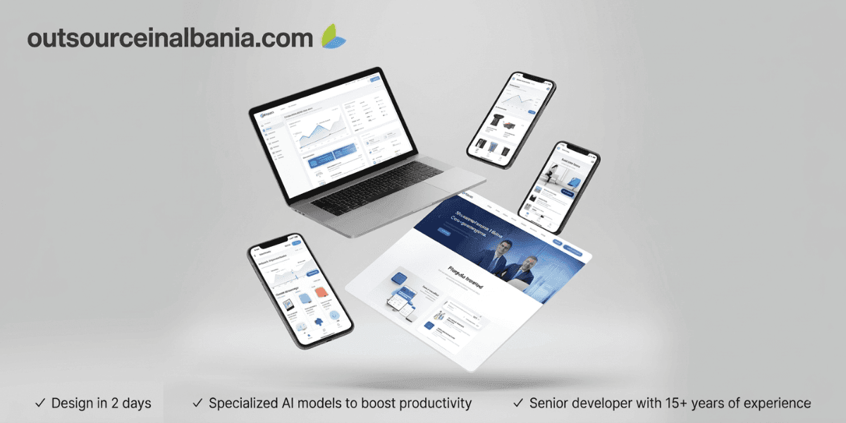 **Outsource in Albania website showcasing software development, AI solutions, and experienced remote developers.**