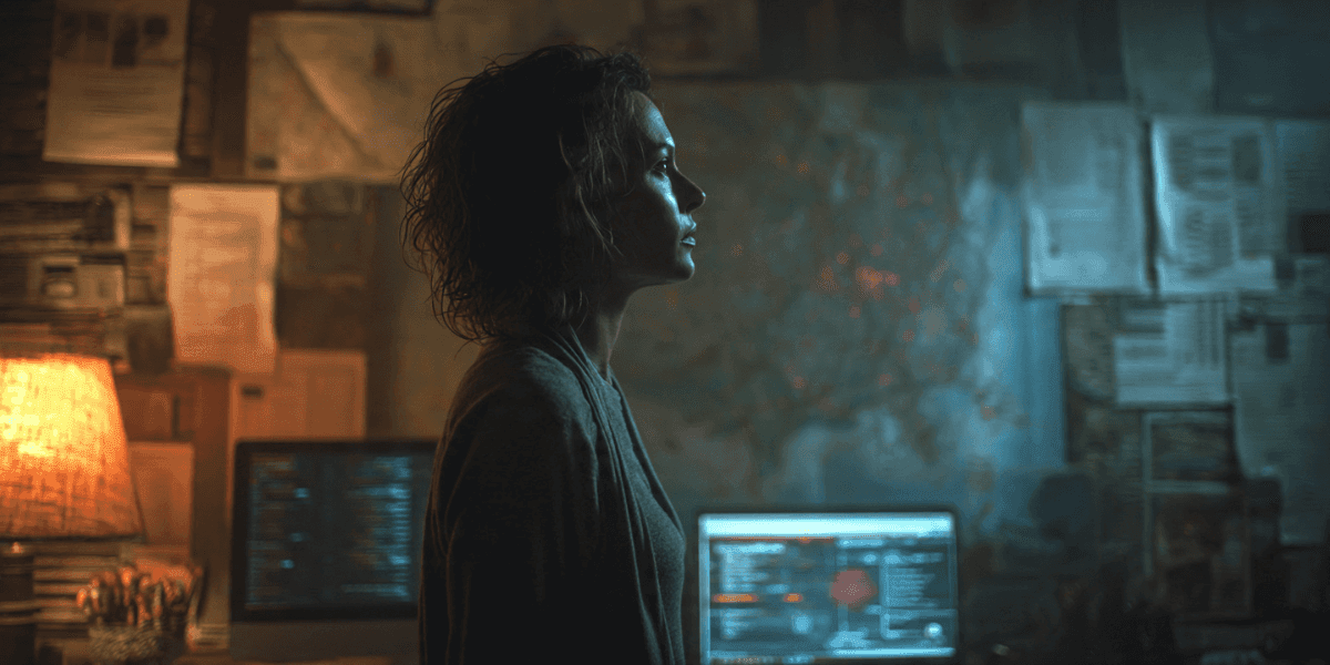 Researcher in a dimly lit room surrounded by maps and computer screens, investigating Satoshi's origins.