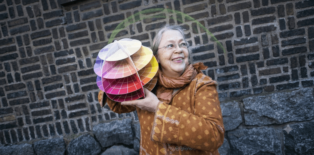 Woman outdoors holds the colorful Kolormondo 3D color globe against a stone wall, showcasing the educational color tool.