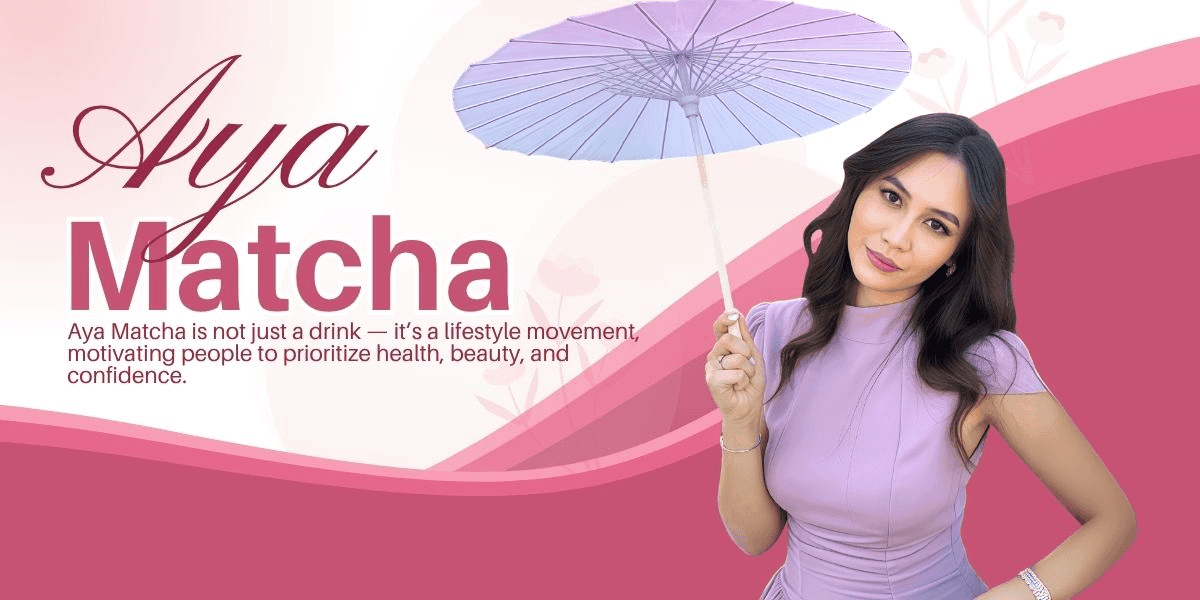 Aya Matcha branding, featuring Ayana Kuttybayeva, offering a wellness drink that blends matcha and collagen for health, beauty, and confidence.