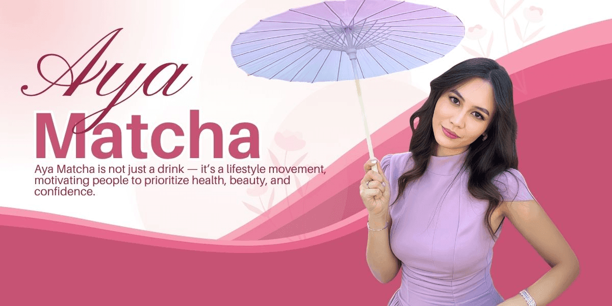 Aya Matcha branding, featuring Ayana Kuttybayeva, offering a wellness drink that blends matcha and collagen for health, beauty, and confidence.