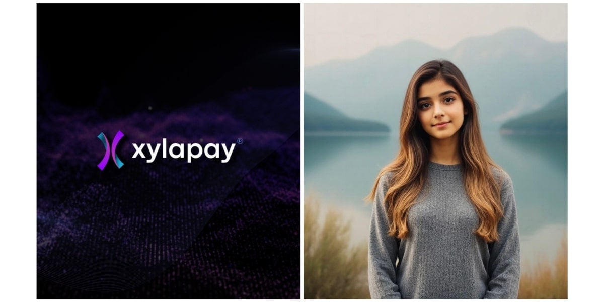 the Xylapay logo alongside a young woman standing in front of a scenic mountainous landscape.