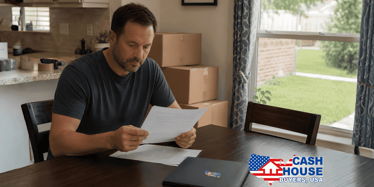 Homeowner reviewing paperwork at a dining table with moving boxes, preparing to relocate and sell a Texas home.
