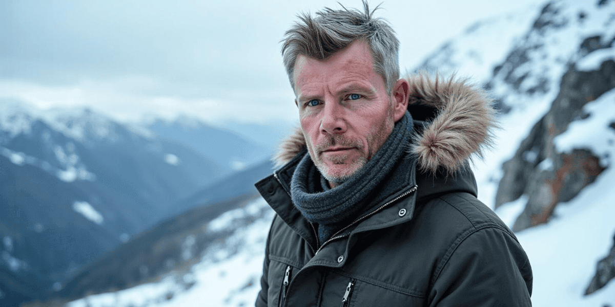 "Man wearing a dark winter jacket with a fur-lined hood and scarf, standing outdoors in a snowy mountainous landscape."