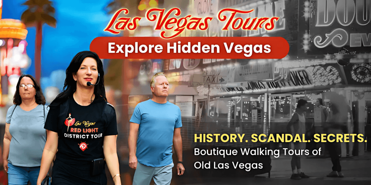 A group of tourists exploring Las Vegas on a walking tour, uncovering hidden history, scandals, and secrets of Sin City.