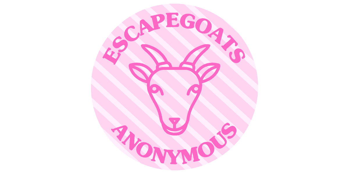 "Logo of Escapegoats Anonymous, a support group for survivors of family estrangement, featuring a goat illustration and pink text."