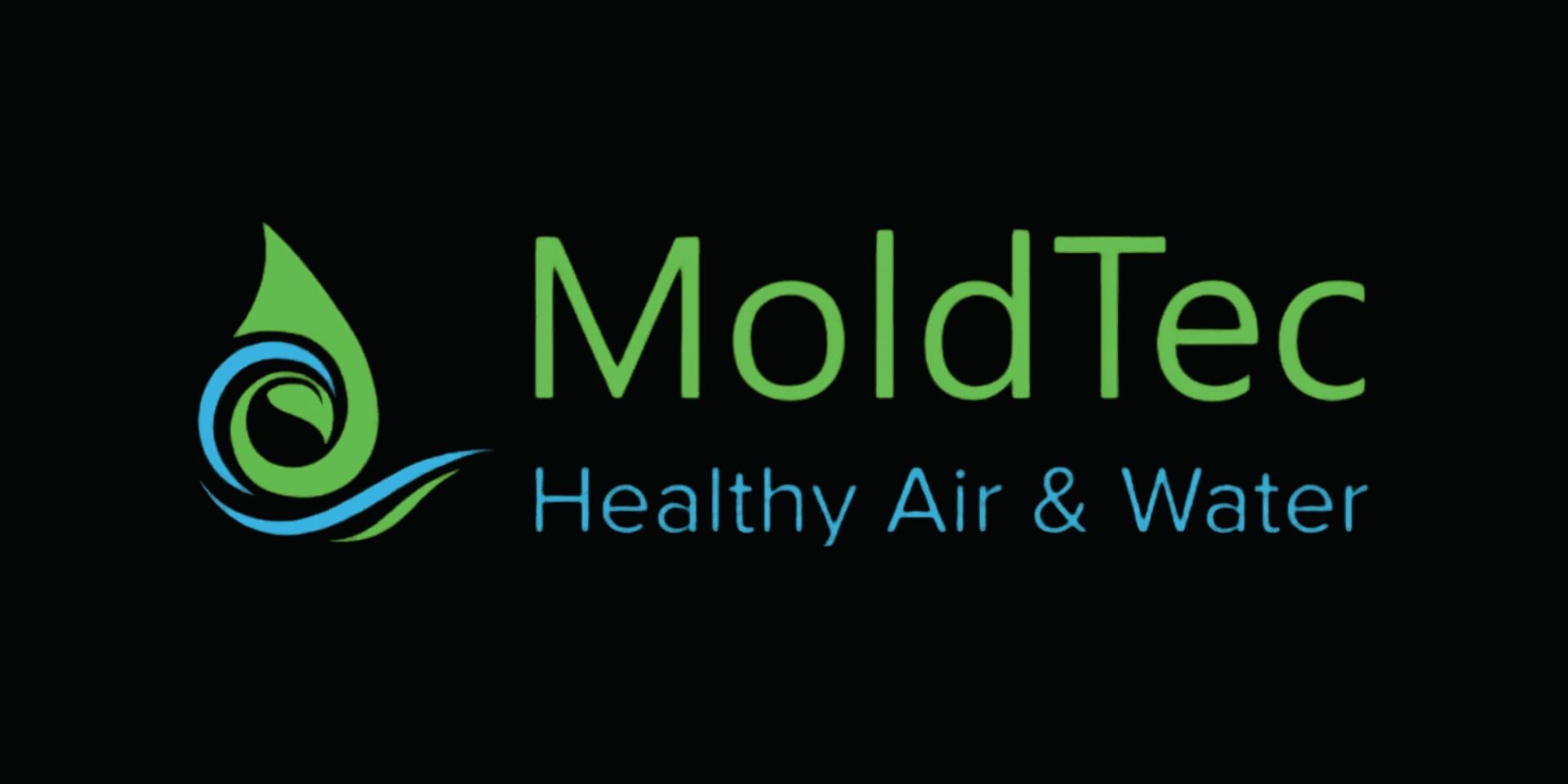 MoldTec LLC logo featuring a green water droplet and blue wave with the tagline “Healthy Air & Water.”