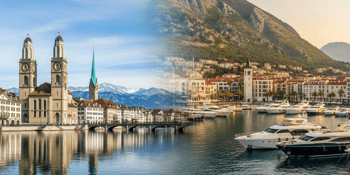 A scenic view of Zurich and Montenegro, representing Fairclough Palmer AG’s strategic expansion and investment opportunities in Europe’s banking sector.