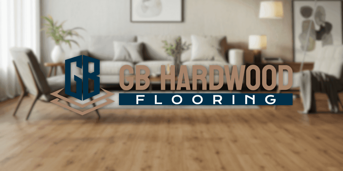 GB Hardwood Flooring logo over a modern living room with hardwood floors and contemporary furnishings.