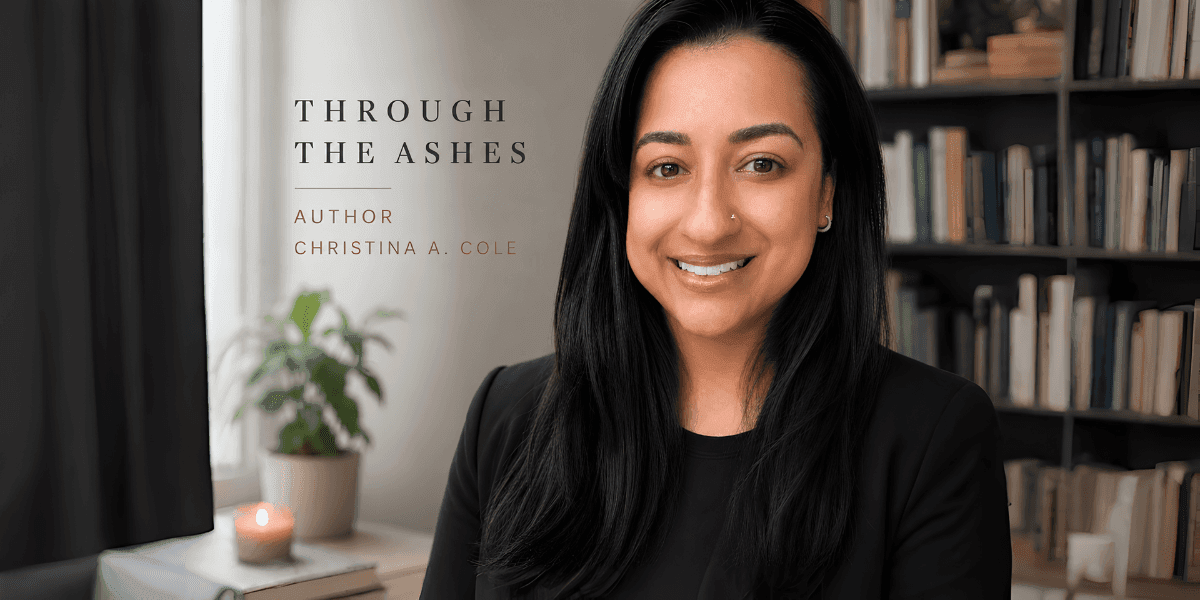 **Author Christina A. Cole, smiling portrait beside her memoir *Through the Ashes* in a home library setting.**