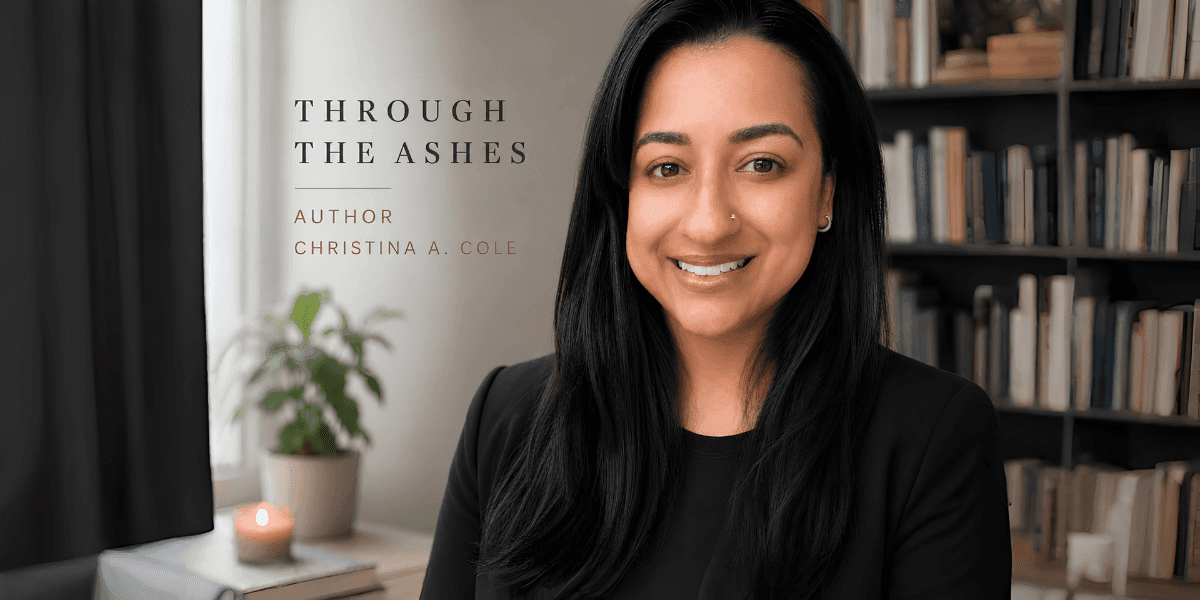 **Author Christina A. Cole, smiling portrait beside her memoir *Through the Ashes* in a home library setting.**