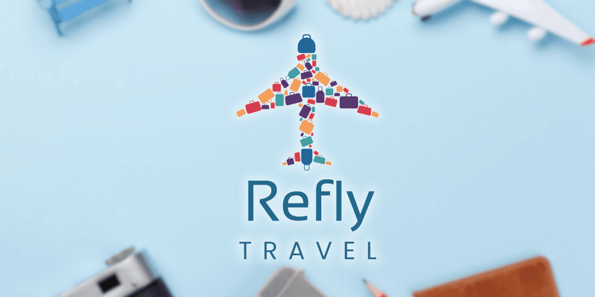 Refly Travel logo with airplane made of colorful suitcases on a travel-themed blue background.