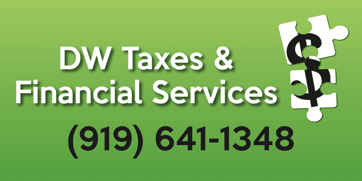 DW Taxes & Financial Services logo with contact number, offering financial education and services for individuals and businesses.