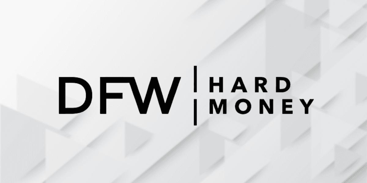 DFW Hard Money logo featuring bold black text with a geometric background of white and light gray triangles.