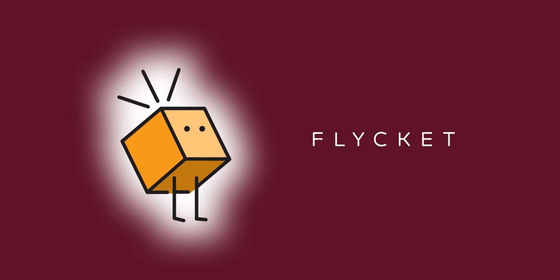 Flycket logo featuring an orange geometric character beside the brand name on a dark red background.