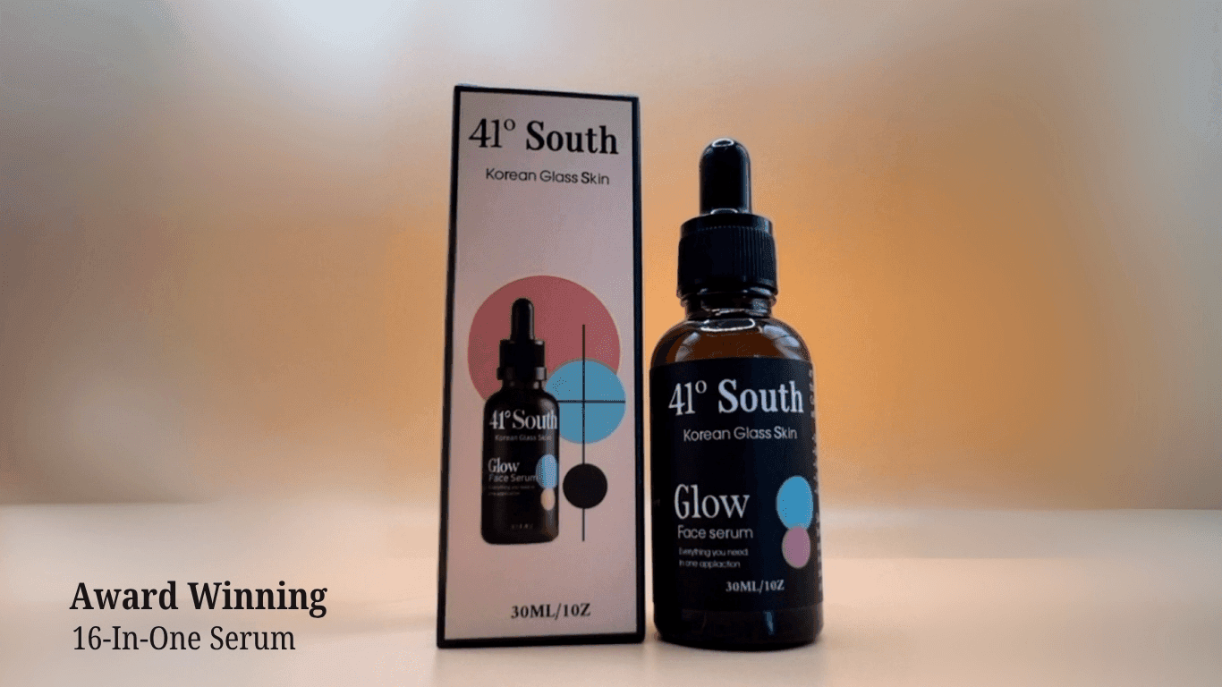 41° South Glow serum and packaging promoting award-winning, multi-tasking skincare for all skin types and concerns.