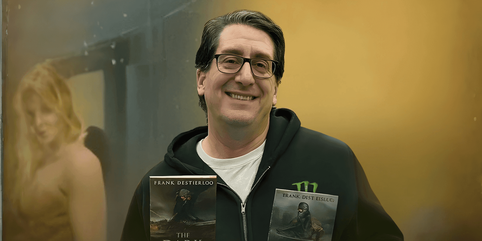 Author Frank Destefano smiling while holding copies of *The Dark Legend of The Foreigner* fantasy book series.