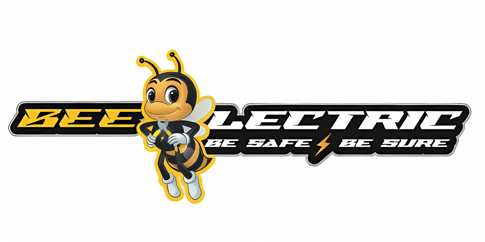 Cartoon bee mascot next to “Bee-Lectric” logo with slogan “Be Safe, Be Sure”.