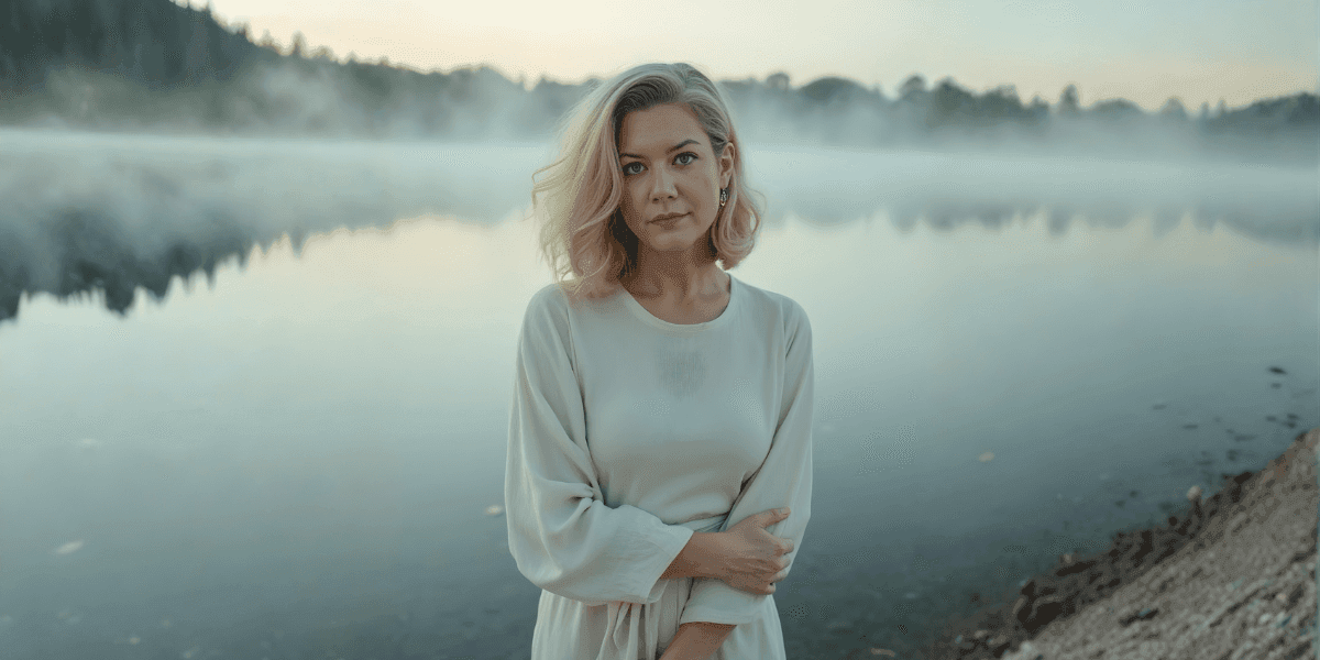Keri Tietjen Smith standing by a misty lake, embodying transformation and the psychology of reinvention.