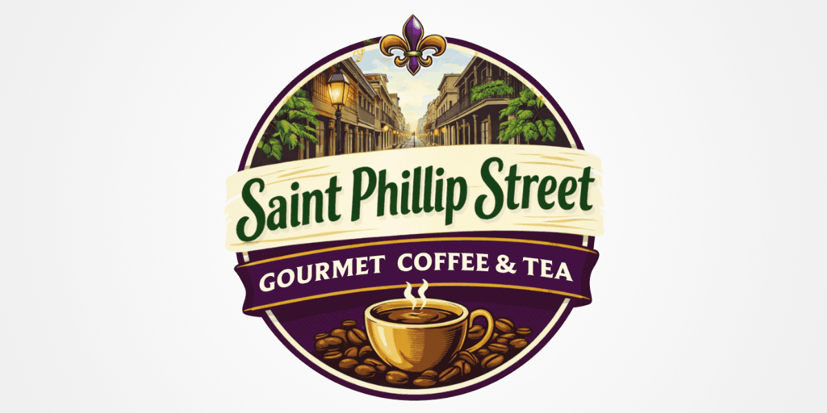 Logo for Saint Phillip Street Gourmet Coffee & Tea featuring a street scene, a coffee cup, and coffee beans.